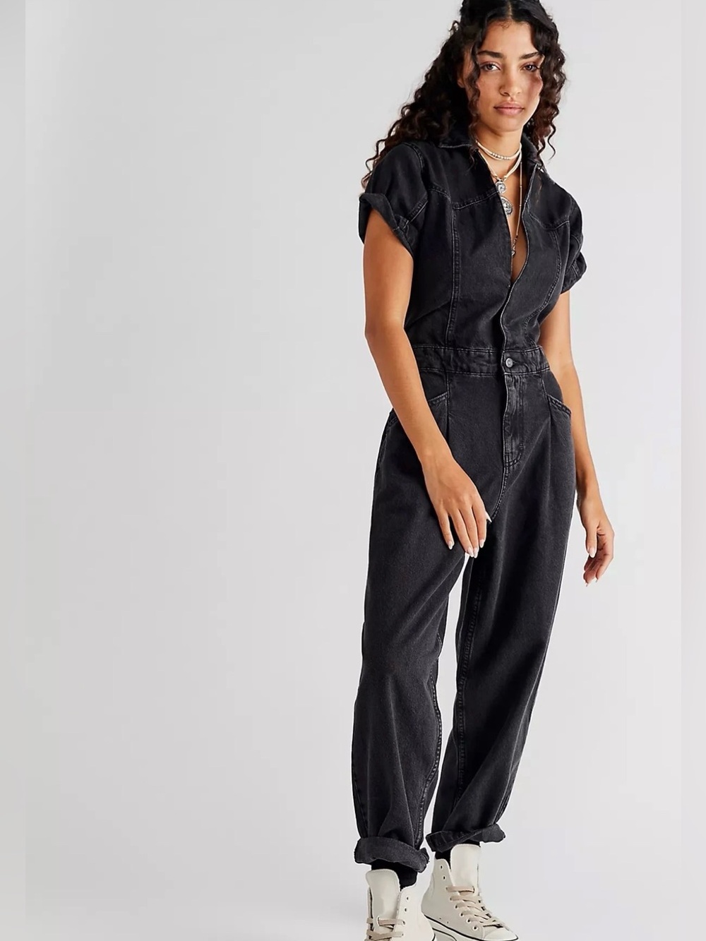 Free People We The Free Marla Denim Trouser Jumpsuit Iron Black XS